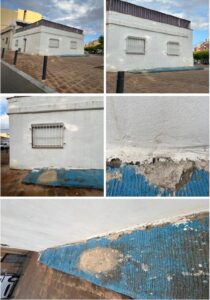 Desprendimiento del revestimiento exterior y daños por humedad por capilaridad en fachada de vivienda en Barcelona, detectados tras la compra durante el peritaje judicial